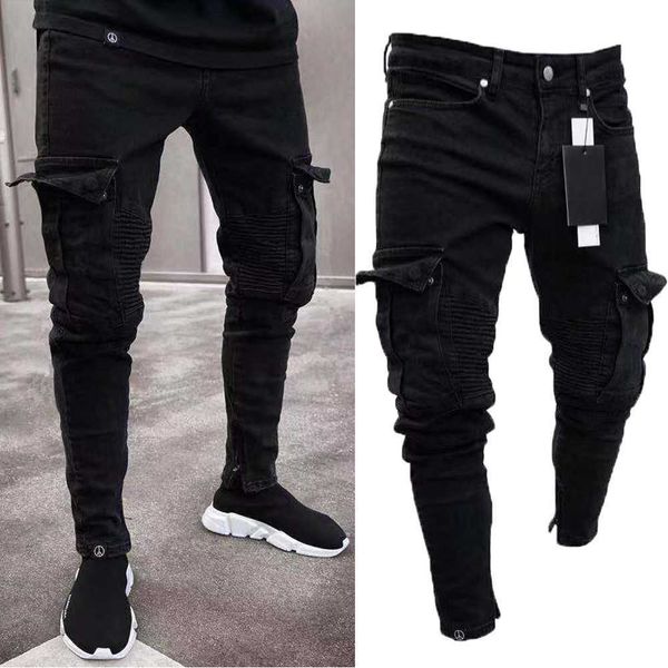 

new fashion brand men skinny cargo jeans long pant denim combat biker pocket stretch work trousers black men jeans x0621, Blue