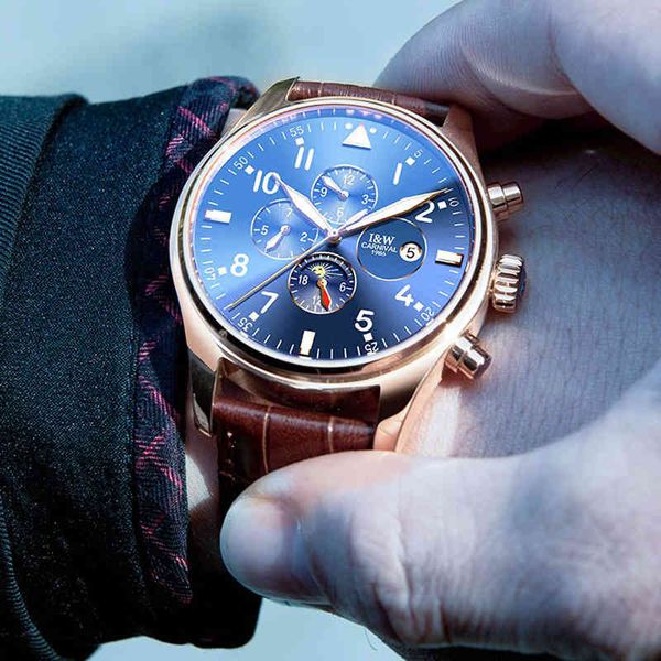 

case rose gold carnaval business leather band 3 dial 6 hands men watches fire luxury automatic mechanical clock men, Slivery;brown