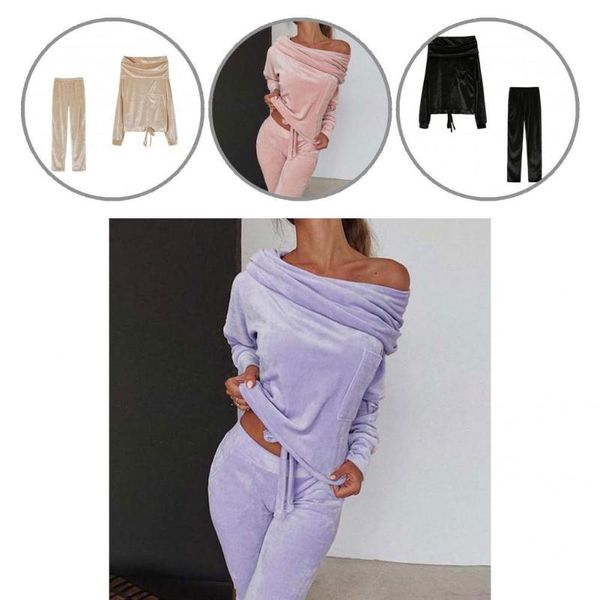 

gym clothing female 1 set simple warm slanted neck sweatshirt sweatpants lady lace-up for party, White;black