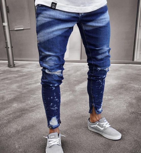 

men's men washed new splashed ink design broken skinny jeans fashion scratched skin tight denim pants, Blue