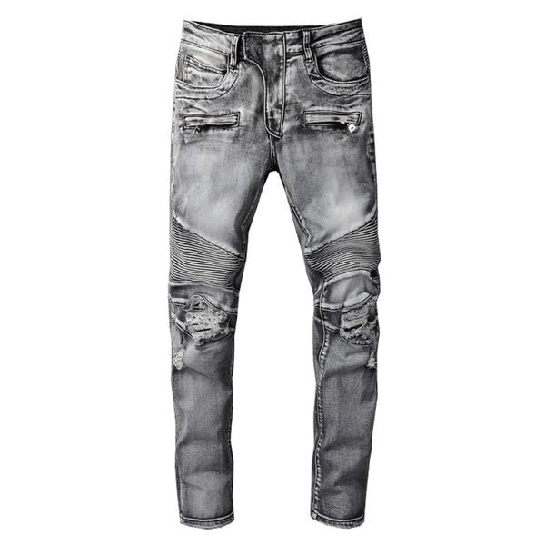 

men's jeans gzdeerax mens biker holes ripped gray stretch denim pants streetwear slim fit pleated destroyed trousers, Blue
