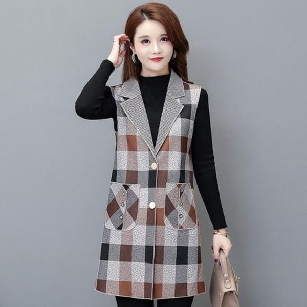 

women's vests #0777 plaid sleeveless blazer women middle age casual vest coat femme slim long waistcoat elegant vintage, Black;white