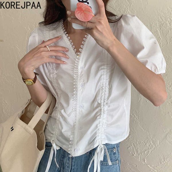 

korejpaa women shirt summer korean chic ladies niche design v-neck hollow lace ruffled drawstring loose puff sleeve blouses 210526, White