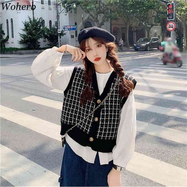 

autumn casual all match sweater vest women vintage plaid sleeveless pullover gilet korean chic ladies vests sueter mujer 210519, White