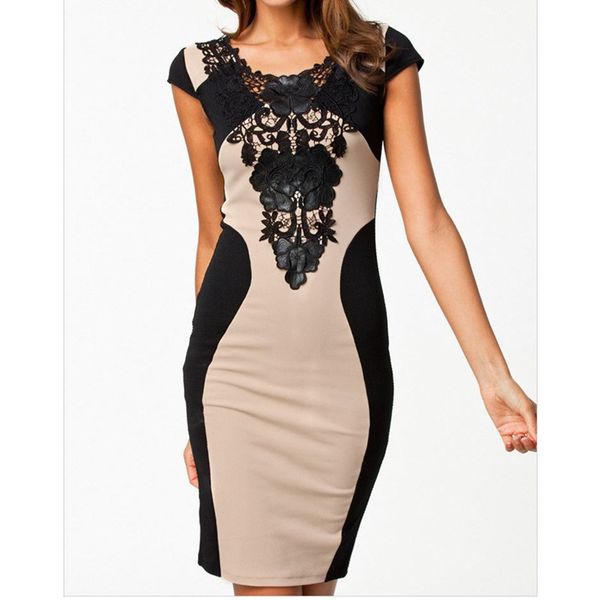 

women vintage elegant dress round neck lace package hip dress backless bodycon mini dress glorious short sleeve dressing, Black;white