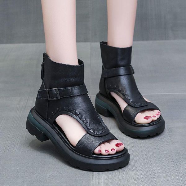 

women roman sandals thick bottom summer retro style, Black