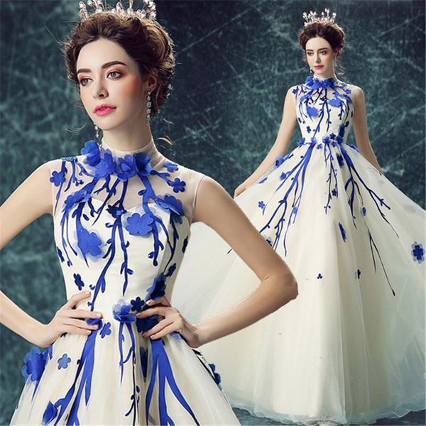 

party dresses long lace ball evening dress high neck tulle appliques sleeveless formal open back ruched prom gowns for wedding, White;black