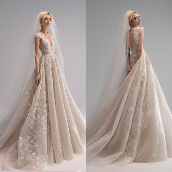 Ersa Atelier 2021 Abiti da sposa A Vestiti da sposa Abiti da sposa Manica corta con scollo a V Collo in rilievo Ruota appliqued Robe de Mariée