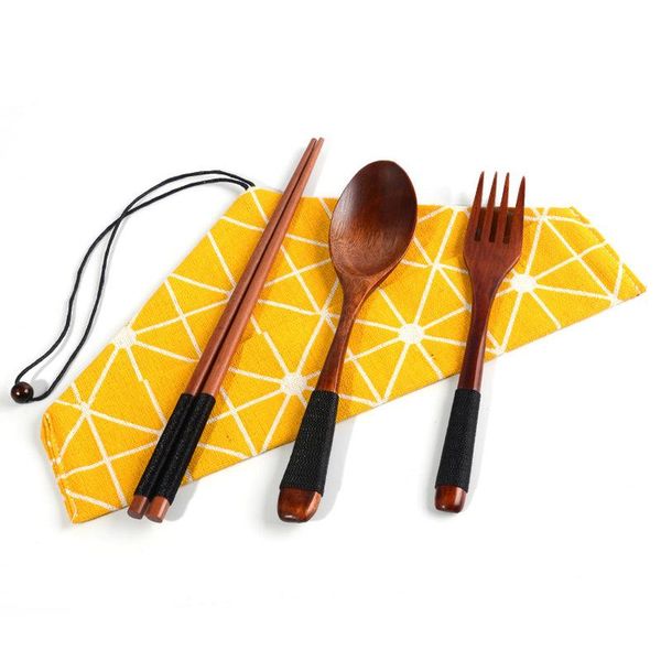 

dinnerware sets eco-friendly japanese style bamboo portable cutlery 3pcs set chopsticks knife fork spoon travel wood utensils flatware