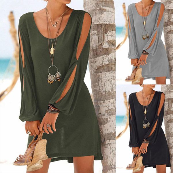 

dresses summer fashion casual womens cami o neck hollow out full sleeve solid beach style mini dress holiday, White