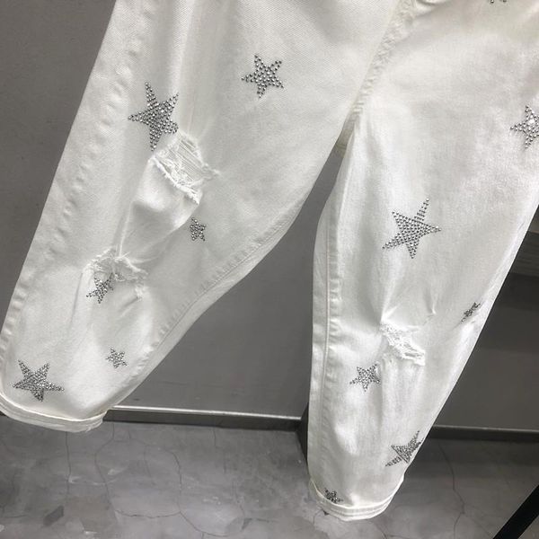 

2011Autumn Korean Fashion Women White Jeans High Waist Vintage Hole Loose Denim Pants Casual Ankle-length Harem Pants 2021 Spring