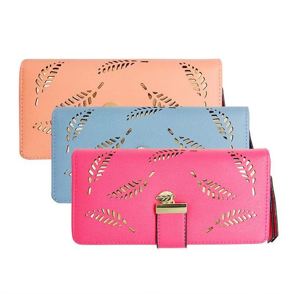 

wallets 2021 ladies zipper buckle wallet hollow leaf clutch fashion long large capacity pu phone bag card holder, Red;black