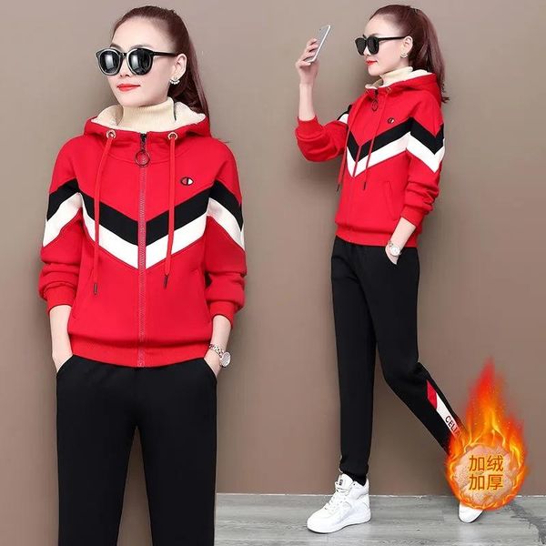

women's two piece pants korean style striped thicken velvet sweatshirt women casual zip up hooded jacket and pant 2 set fashion fleece, White