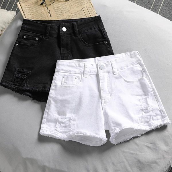 

women's shorts casual hole tassel white black thin denim summer high waisted women fashion pockets wide legs baggy jean short clothes