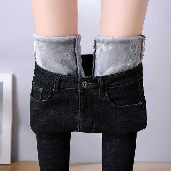 

winter jeans for women gold fleeces thick velvet skinny trousers high waist stretch denim pencil pants 210927, Blue