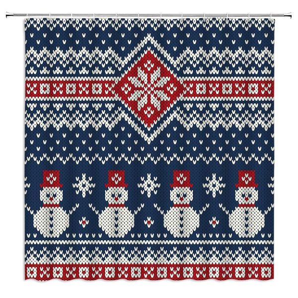 

jacquard knit shower curtain,classical wool pattern snowman hat snowflake decor,fabric bathroom set with hook 70x70 inch,red