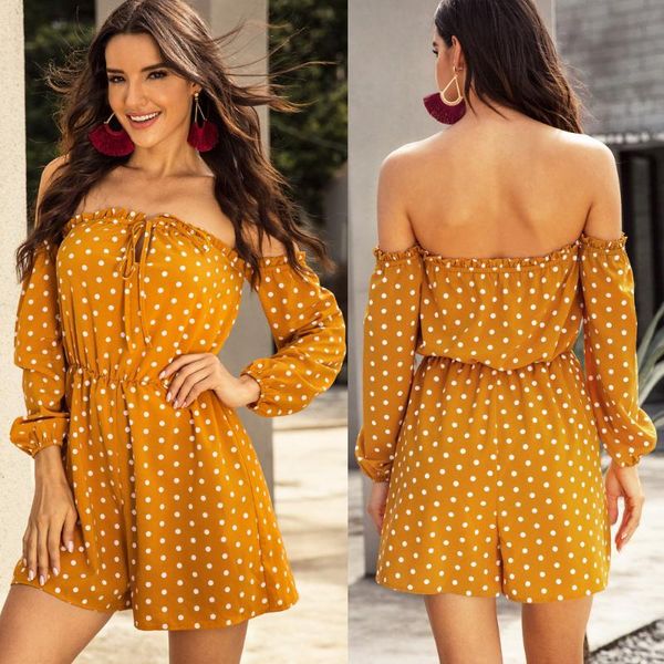 

european and american word shoulder wrap chest straps bow tie long-sleeved jumpsuit sweet print wavelet dot women women's jumpsuits & r, Black;white