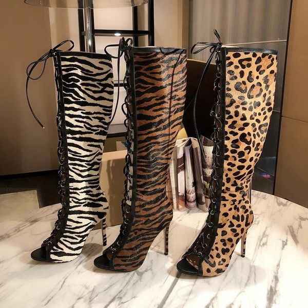 

women horse hair patchwork leather high-heeled boots with leopard print, Black
