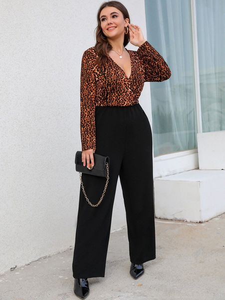 

plus leopard print overlap collar jumpsuit n0yr#, Black