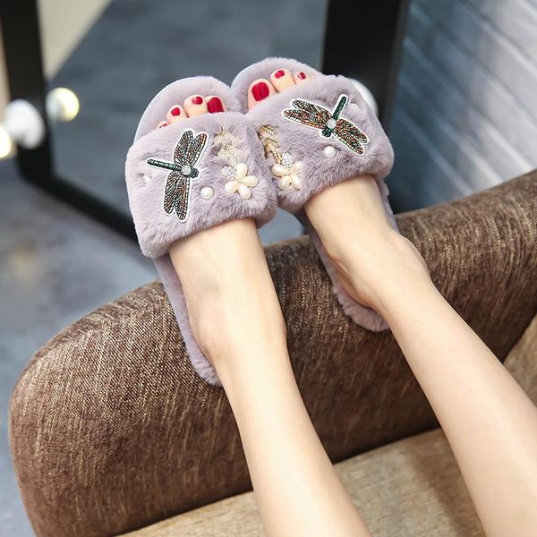 

famous design embroider dragonfly fur sandals women pearl beading flower home slippers crystal gold leaves flip flops c131, Black