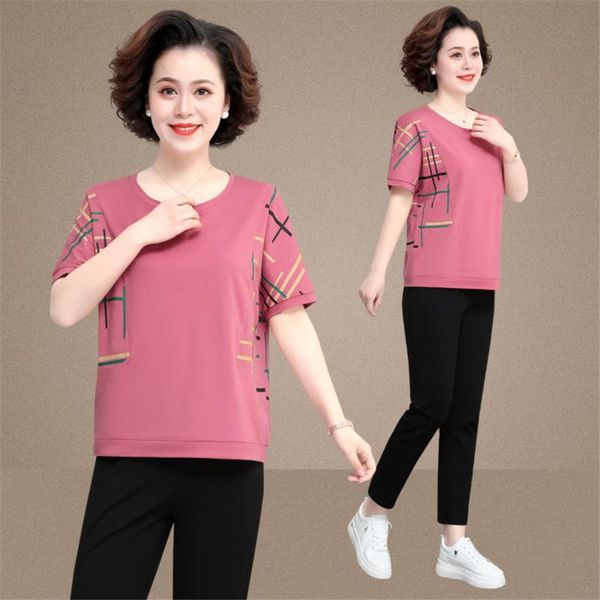 

women's tracksuits 2021 middle-aged women summer causal loose suit short sleeve with pants sets shirt mother tracksuit, Gray