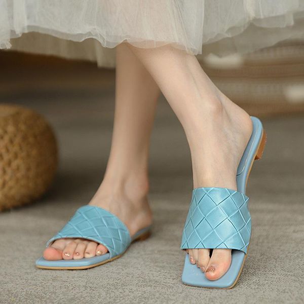 

slippers brand slides weave leather women sandal open toe flat casual summer outdoor beach female flip flops, Black