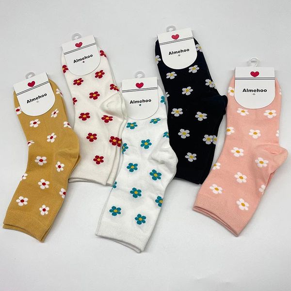 

socks & hosiery floral print long women cotton spring autumn fashion designer kawaii korean style set aesthetic calze donna, Black;white