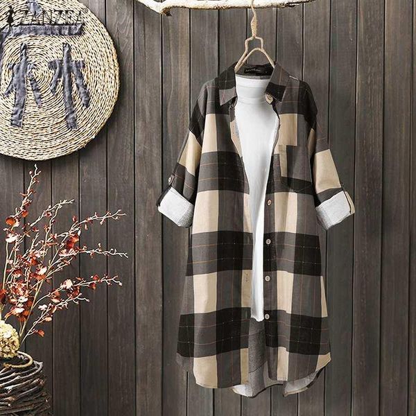 

retro blouse women 2021 female turn down collar shirts zanzea spring long sleeve casual plaid blusa femininas plus size women's blouse, White