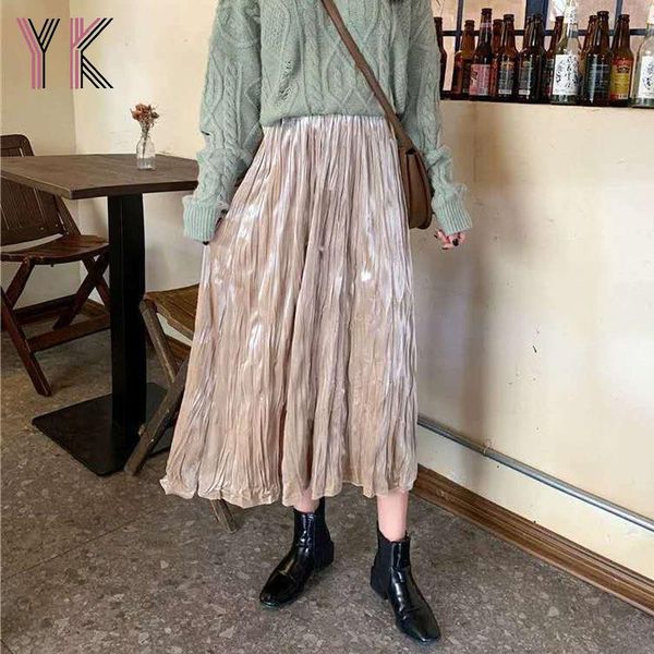 

skirts women elastic high waist vintage clothes for velvet autumn winter long pleated lady saias midi faldas, Black