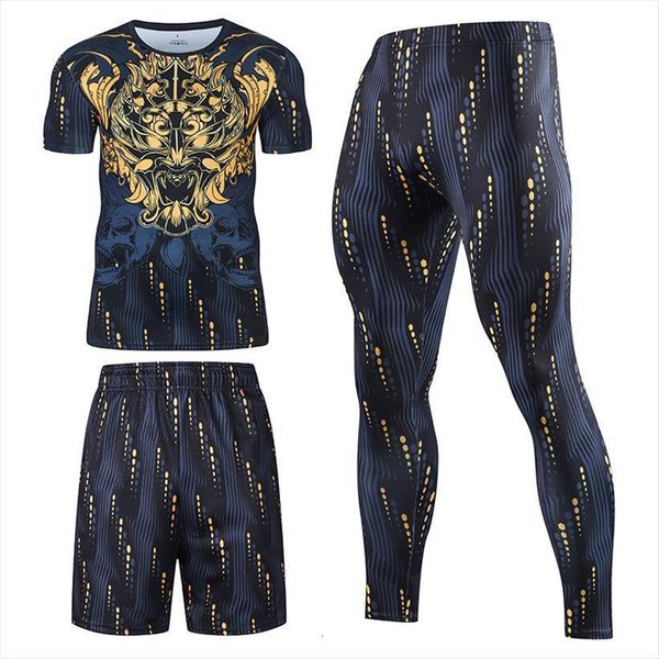 

sports set rashguard 3 mens tracksuit pcs gym clothes short sleeves leggings suits compression exercise male tights, Gray