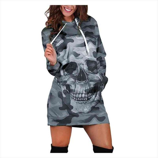 

fashion long sleeve casual womens dress hooded camouflag skull print special design daily punk mini, Black;gray