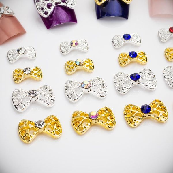 

nail art decorations 120pcs metal bow shape jewelry pendant hollow bowtie charms alloy crystal rhinestones strass for manicure tips, Silver;gold