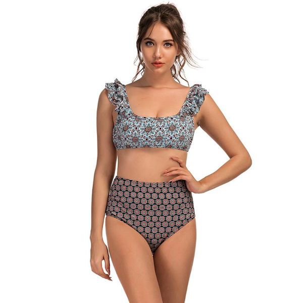 

women's swimwear 2021 bikini split multi-layer ruffled retro print swimsuit, White;black