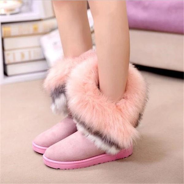 

boots women fur ladies winter warm ankle for snow shoes style round-toe slip on female flock boot, Black