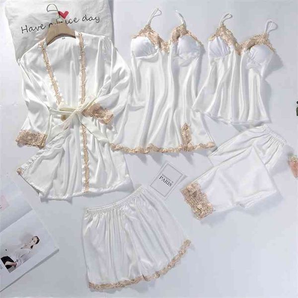 5 stücke V-Ausschnitt Nachtwäsche Pyjamas Sets Braut Hochzeit Sexy Womens Spitze Nachtwäsche Schlafanzug Frühling Casual Satin Pijamas 210809