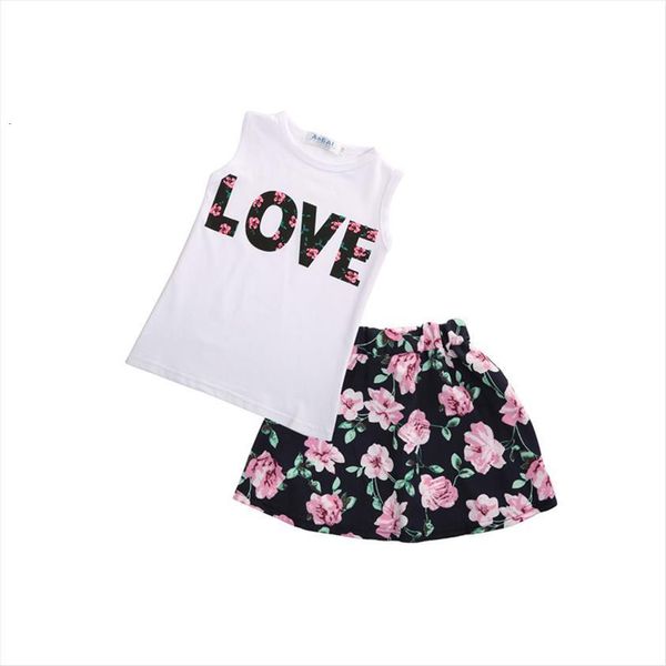 

2pcs fashion cute newborn toddler baby girls cotton sleeveless o neck pullover floral print shirt skirt outfit summer party, White