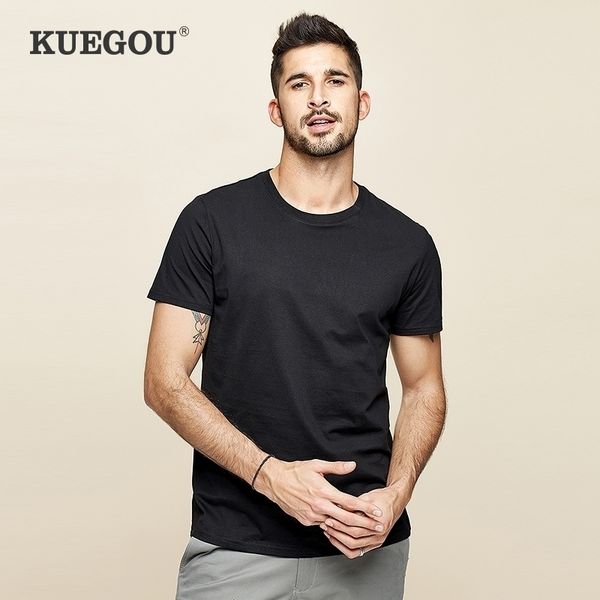 

kuegou men's t-shirt short sleeves 100% cotton t shirt for men summer fashion tshirts pure color plus size zt-396 210329, White;black