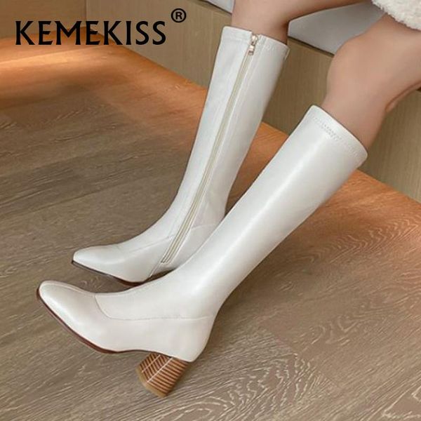 

boots kemekiss women knee high shoes square toe thick heel zipper long daily fashion female footwear size 34-39, Black