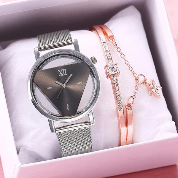 

wristwatches drop women silver mesh hollow out triangle watch luxury stainless steel quartz wrist watches bracelet set montre femme, Slivery;brown