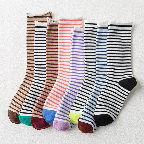 

socks & hosiery fashion cute girls korean curled striped women literary cotton retro rainbow harajuku kawaii funny soft long, Black;white