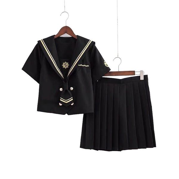 

clothing sets [ gunner] summer autumn black navy sailor suit skirts women elegant jk high school uniform class students cloth, White