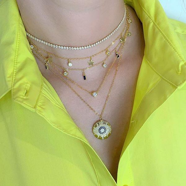 

spring round coin disco pendant necklace engraved turkish black evil eye lucky charm link chain for women chains, Silver