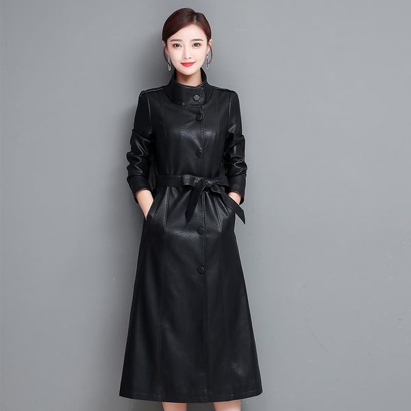 

women's leather & faux kmetram autumn winter jacket women long trench coat female vintage windbreaker plus size chaqueta mujer my, Black