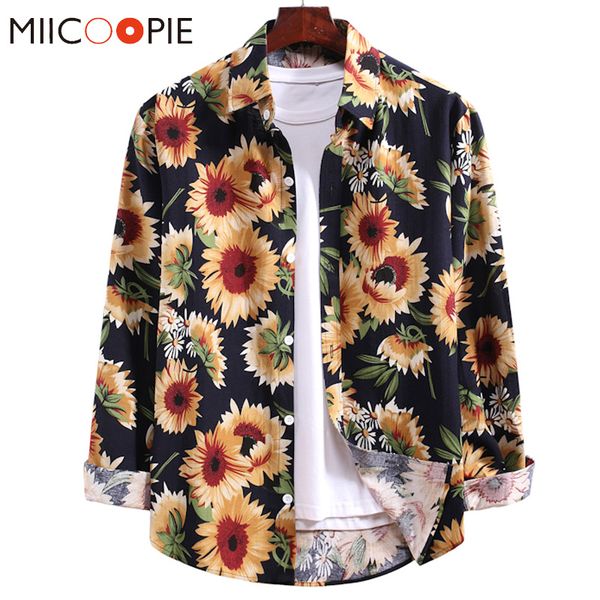 

retro sunflower floral printed men casual shirt 2020 korean fashion hawaiian shirt holiday blouse loose long sleeve streetwear, White;black