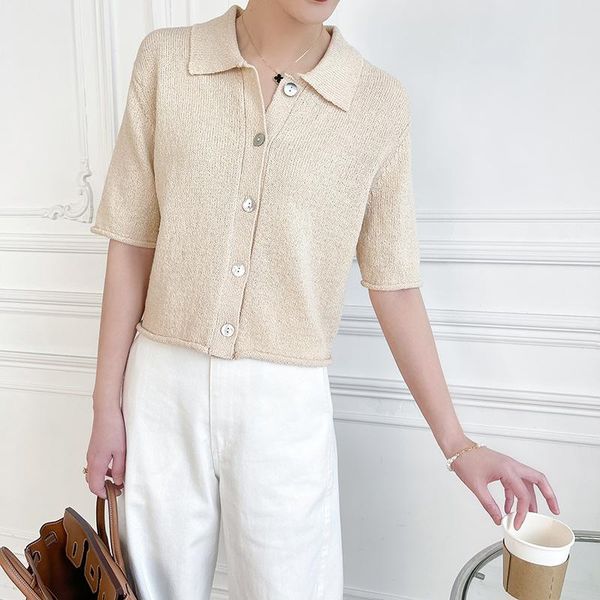 

women's t-shirt 2021 summer for women thin knit t shirt female short sleeve tee lady knitwear cardigan turn down collar o-neck loose cl, White