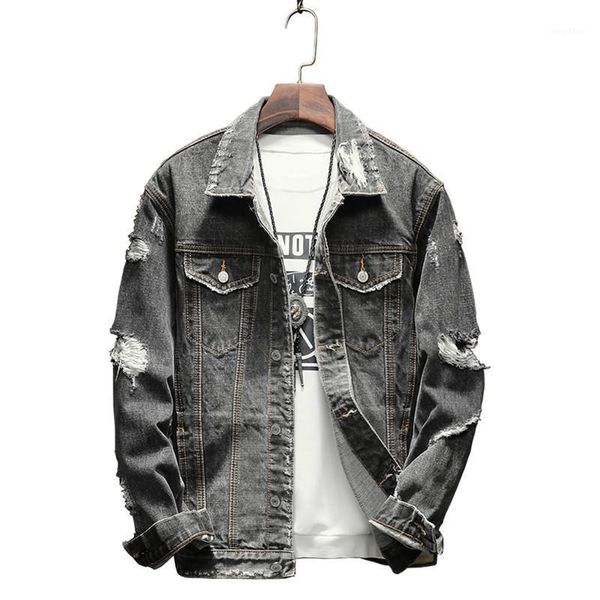 

men's jackets denim jacket men ripped holes mens gray jean 2021 garment washed coat summer plus size m-5xl, Black;brown