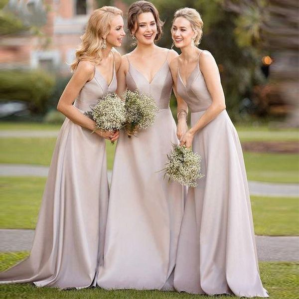 

spaghetti v neck long bridesmaid dresses for women sweep train satin maid of the honor dress evening gowns, White;pink