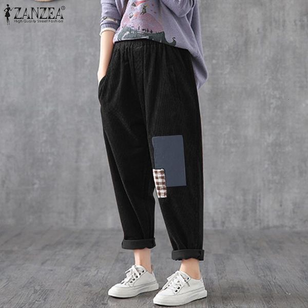 

capris vintage women's spring corduroy pants patchwork trousers 2021 casual elastic wasit long pantalon palazzo female turnip, Black;white