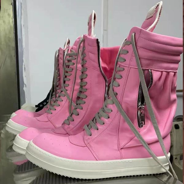 

motorcycle leather men high-luxury mid-calf winter riding boots lace up casual zip flats pink shoes, Black