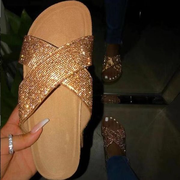 

slippers outdoor beach bright diamond rhinestone flat 2021 summer comfortable and durable home sandals, Black